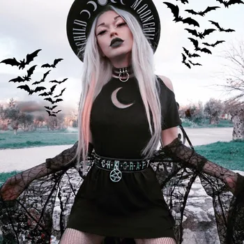 Femei de Moda Stil Gotic, Punk Negru Retro de Pe Umăr Luna Tubulare Rochie Bandaj Sukienka Letnia Vestido Verano Mujer
