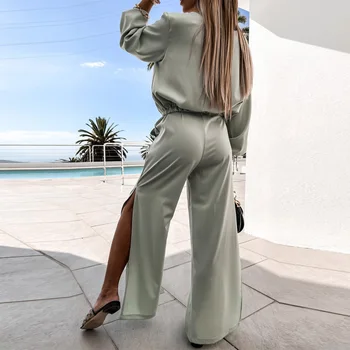 Femei Elegante Solide Două Seturi De Piese 2021 Primavara-Vara Moda V-Gât Topuri Și Split Largi Picior Pantaloni Set Birou Doamnă În Vrac Utilaje