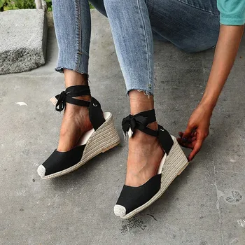 Femei Espadrile Glezna Curea Sandale Confortabil Papuci Doamnelor Femei Pantofi Casual Respirabil In Pânză de Cânepă Pompe