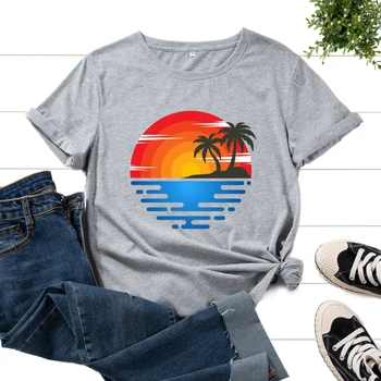 Femei Graphic T-Shirt Tricou Imprimat Bumbac Tee Maneci Scurte Topuri de Vara de sex Feminin Teuri Haine Palmier Peisajul de pe Litoral Plaja