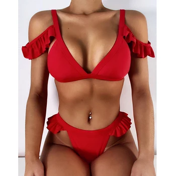 Femei Sexy V Gât Roșu Solid Zburli Costum De Baie Gol Afară Fără Mâneci Bikini Seturi De Talie Mare Costume De Baie Solid Roșu Backless Beachwear