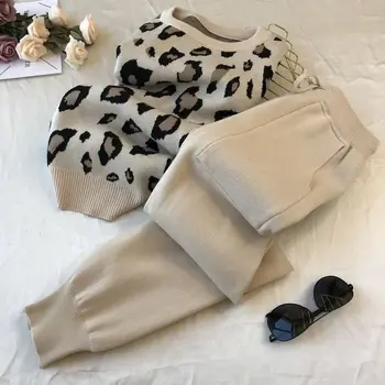 Femei Tricot Leopard Imprimate Pulover Pulovere+Pantaloni Seturi Femeie de Moda Pulovere Pantaloni 2 BUC Costume Tinuta Casual Tricotate Pantaloni
