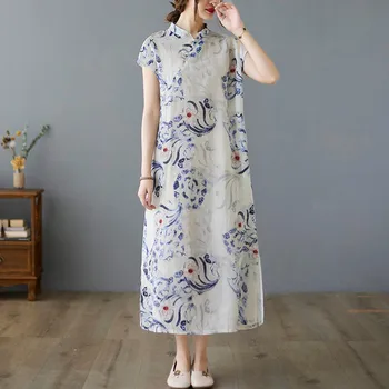 Femei Vara Lenjerie De Pat Din Bumbac Rochie Casual Nou 2021 Chineză Stil Vintage Stand De Guler Floral Print Doamnelor Elegante Rochii Lungi B373