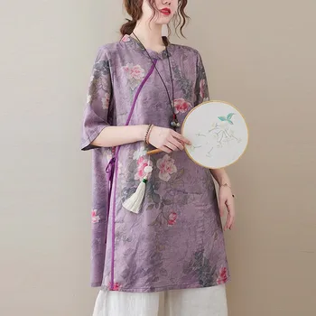 Femei Vara Lenjerie De Pat Din Bumbac Tricouri Lungi New Sosire 2021 Chineză Stil Vintage Florale Imprimare Vrac De Sex Feminin Topuri Casual B174