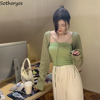 Femeile Ridică din umeri cu Maneci Lungi Șaluri de Dantelă-Up de Vară Subțire de Soare-dovada Topuri Toate-meci Scurt Stil de sex Feminin Sexy Moda Streetwear coreeană