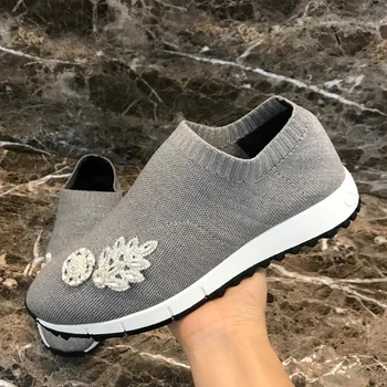 Fire de tricotat Plat Pantofi Casual Femei Gros Unic Runda Toe Stras pearl Decor Adidași de Primăvară Confort Respirabil de Mers pe jos Pantofii