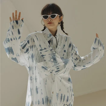 GALCAUR Imprimare Tricouri Pentru Femei Rever Maneca Lunga Culoare Lovit Tie Dye Dantelă-Up Side Split Direct Bluze Feminine 2021 Stil de Primavara