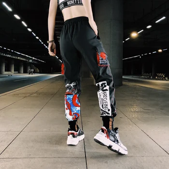 Harajuku Moda Streetwear Hip Hop Pantaloni Femei Buzunar Lateral Imprimare Mozaic Pantaloni de Marfă Kpop Vara Vrac Pantaloni Harem de sex Feminin
