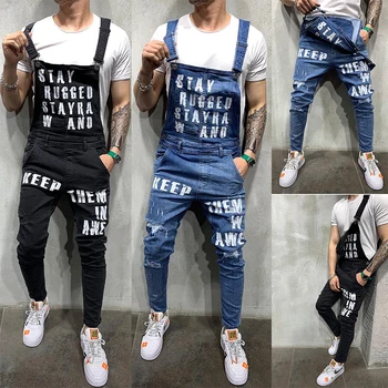 Hip hop Blugi Salopete Mens Gaura Salopeta om de moda Pantalonii de Muncă Streetwear Slim Scrisoarea Imprimate Salopete Denim Pantaloni barbati