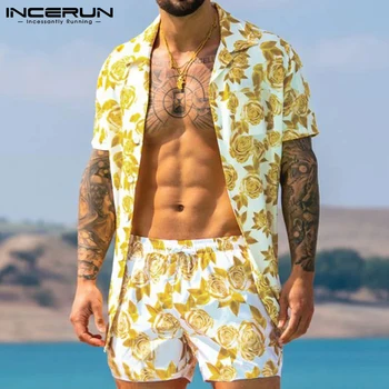 INCERUN Bărbați Hawaiian Seturi de Imprimare Respirabil Maneci Scurte Buton de Cămașă pantaloni Scurți de Plajă Streetwear Casual Barbati Costum de Vara 2 Bucati