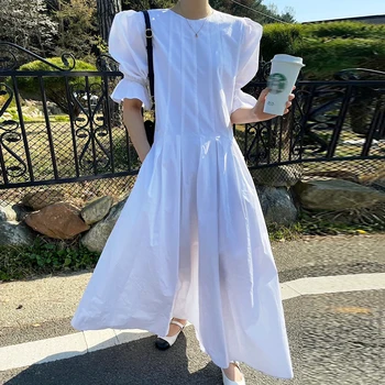 Kimotimo Rochie de Vara Femei-coreean Chic Simplitate O-gât Șifonarea Design de Înaltă Talie Mare Leagăn Puff Maneca Lunga Rochii de Femme