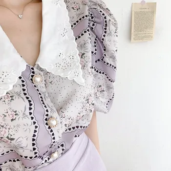 Korejpaa Femei Cămașă De Vară 2021 Coreean Western Stil Vintage Rever Broderie Chic Butonul Puff Maneca Imprimare Șifon Bluze