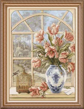 Livrare GRATUITA cald vinde Calitate de Top goblen kit pervazul ferestrei flori de mac pasăre fereastra