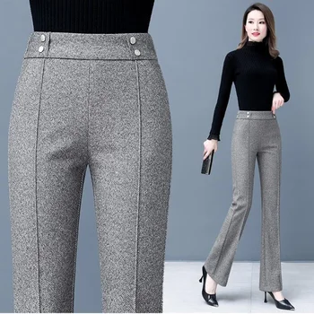 Lână Pantaloni Femei 2021Autumn de Iarnă de Înaltă Waisted Casual Drept Flare Pantaloni Slim Plus Dimensiune Negru Birou Doamnă Femei Pantaloni