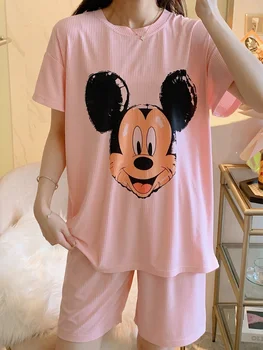 M-2XLEurope NE Dimensiune Disney Mickey Mouse Pijamale pentru Femei Maneci Scurte Topuri Largi și pantaloni Scurți de Pijama Seturi de Pijama Drăguț Pour Femme