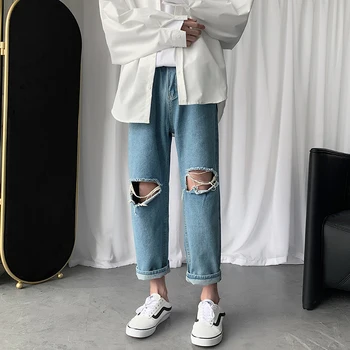 M-5XL Plus Bărbați Streetwear Rupt Blugi 2021 Negru Albastru Blugi Gaura Moda coreeană Drept Liber de Denim Pantaloni Harem Masculin Pantaloni
