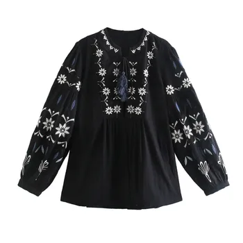 Mai Nou Design Brodate Femei Casual Cu Maneca Lunga Bluza Negru Pentru Femei