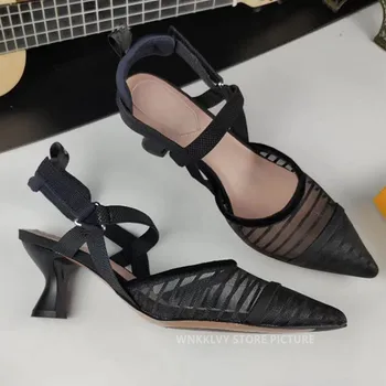 Metal sandale cu toc femei curea glezna 2020 rochie de vara pantofi sandale subliniat toe dungă stilettos aer ochiurilor de plasă sexy pompe
