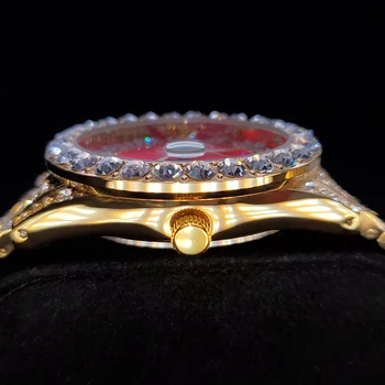 MISSFOX Cifre Romane Ceasuri Barbati Red Dial Mare Diamnd Bezel Om de Aur Ceas din Oțel Inoxidabil Moda de Lux pentru Bărbați Cuarț Ceas