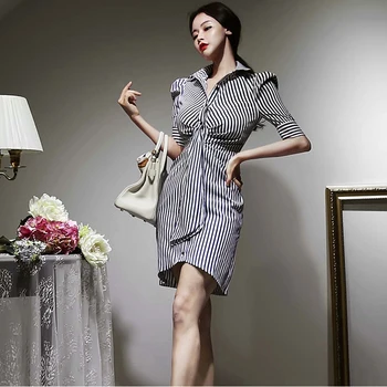 Moda Casual De Vara Mini Streetwear Doamnelor Rochie Vintage Puff Maneca Pieptul Singur Buton, Cu Dungi De Imprimare Coreean Cămașă Rochie