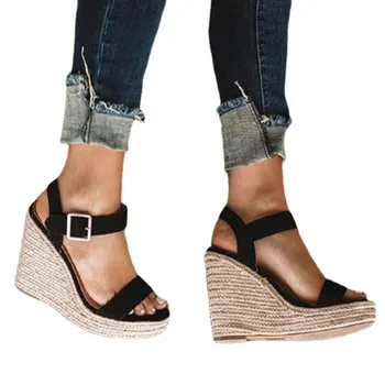 Moda Pene Sandale Femei 2021 Vara De Cânepă Țesut Tocuri Inalte Cu Platforme Sandales Peep Toe Sandale Femei Plus Dimensiune 43