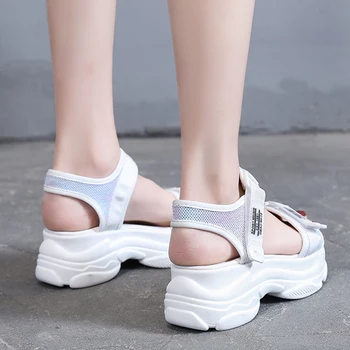 Mozaic Alb Tesatura Stretch Scobite Cârlig & Bucla De Non-Alunecare De Sandale De Moda Se Deschide Degete Confortabil Platforma Femei Pantofi De Plaja