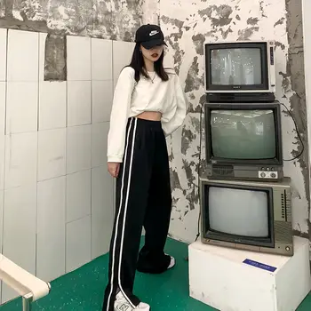 Negru Largi Picior Pantaloni De Moda 2021 Stil Coreean Primavara Pantaloni Femei Talie Mare Streetwear Stripe Pantaloni De Trening Femei