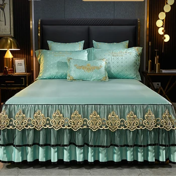 Noi Dantelă de Lux Cuvertură de pat cu Fusta Culoare Solidă Broderie Foi de Cald Îngroșa Proteja Regina King Size Mângâietor Seturi de lenjerie de Pat
