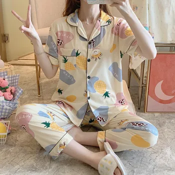 Noi De Vânzare Femeile Uzura Acasă 2021 Primăvară-Vară Cu Mânecă Scurtă Pentru Femei Set De Pijama Pantaloni Lungi Pijamale Seturi Din Bumbac De Agrement Set De Pijamale