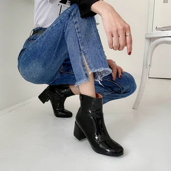 Nou Brevet Piele Glezna Cizme Pentru Femei Pentru Toamna Si Iarna Pătrat Tocuri Inalte Rotund Toe Fermoar Cizme Scurte Femei Pantofi Chelsea Bottes