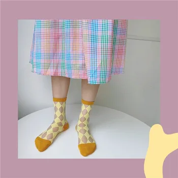 Noutatea Cristal de Mătase Șosete pentru Femei Stil coreean Carouri de Sticlă de Mătase Șosete de Moda de Vară Subțire Transparent Harajuku Retro Echipajului Sosete