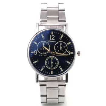 Oamenii de afaceri cuarț ceas bandă de oțel neutru ceasuri Geneva false culoarea ochilor albastru de sticlă bandă de oțel ceasuri bărbați cuarț ceas