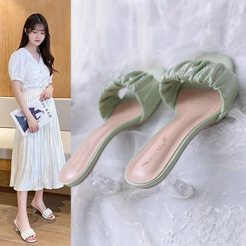Pantofi cu Toc înalt Lady Femei Papuci aer liber Med Slide-uri de Moda Pantofle Moale de Lux 2021 PU Cauciuc Copita Papuci Casual Potrives