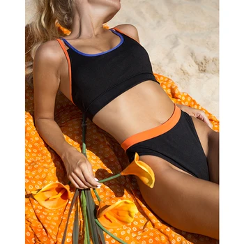 Peachtan Bandeau costume de baie femei bikini de talie Mare 2021 cu Nervuri 2 buc set Culoare bloc costume de baie femei Sport costum de baie nou