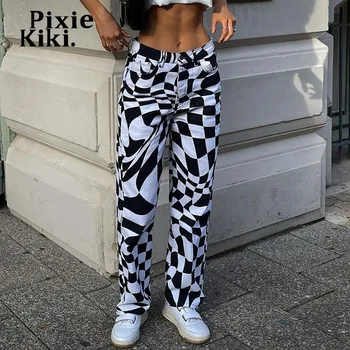 PixieKiki Pantaloni din Denim Streetwear Femei Bottoms Alb-Negru Carouri de Imprimare Talie Inalta Blugi Largi Pantaloni de Moda P67-DG30