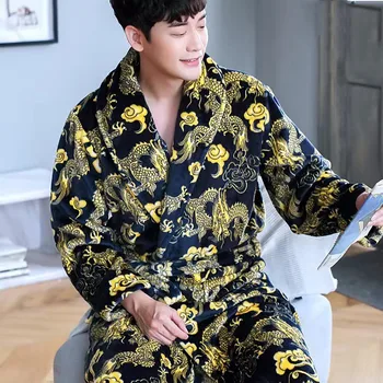 Plus Dimensiune Bărbați de Iarnă Chineză Macara Kimono-Halat de baie Flanel Halat, Pijamale Groase Cald Pijamale cămașă de noapte Vrac Homewear 3XL
