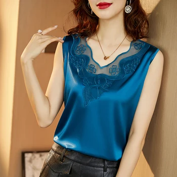 Plus Dimensiune Femei V-neck Broderie Bluze de Mătase pentru Femei Bluze Camasi Bluza din Satin Topuri Femeie Elastic Dantela Cămașă de Sus Blusas 13736