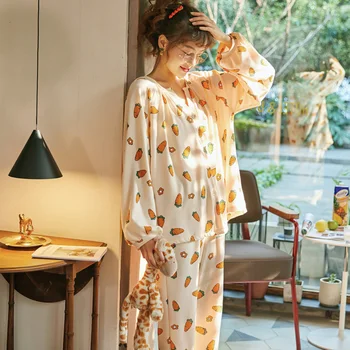 Primăvara Cămașă De Noapte Femei, Plus Dimensiune Sleepwear Stil Printesa Pijama Set Rever Liber Versiune Pijamale De Bumbac Cămășuță De Noapte De Desene Animate