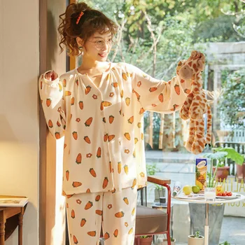 Primăvara Cămașă De Noapte Femei, Plus Dimensiune Sleepwear Stil Printesa Pijama Set Rever Liber Versiune Pijamale De Bumbac Cămășuță De Noapte De Desene Animate