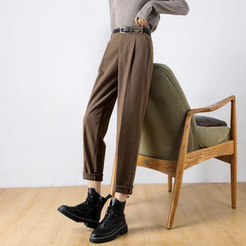 REALEFT 2020 Lână Formale pentru Femei Pantaloni Harem cu Centura de Toamna Iarna Talie Mare Office Lady Chic Elegant Pantaloni Lungi de Buzunar