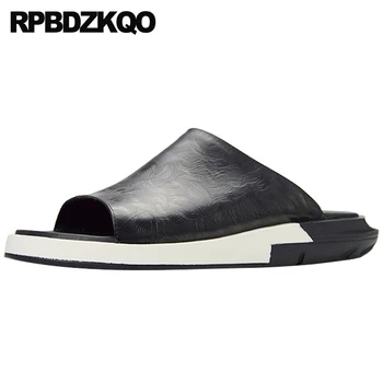 Sandale Slide-Uri De Vară Italiană De Mari Dimensiuni Maro Papuci De Casă Designer De Pantofi Pentru Bărbați De Înaltă Calitate, 46 Plat Din Piele Negru Aluneca Pe