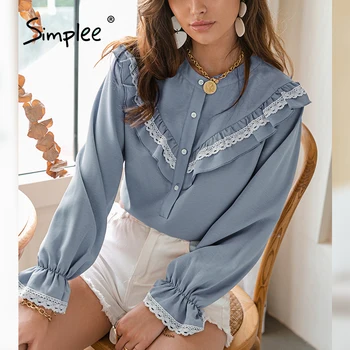 Simplee Solid Scurtă Tricou cu Maneci Lungi, O-neck Ciufulit Primavara Toamna Femei Bluza Casual Fashion Dantela Nasturii Office Lady Shirt