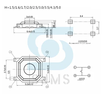 SJMS 100BUC Impermeabil Cupru Pilon Tactil Buton Comuta 4x4X1.6 Micro Comutator 4*4*1.6 mm mini Tact Switch SMD 4 Pin
