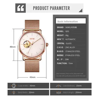 SKMEI Lux Ceas Automatic Barbati Ceas de mână Mecanice Gol Cadran de Afaceri din Oțel Inoxidabil Plasă de Curea Fashion Mens Ceas Reloj
