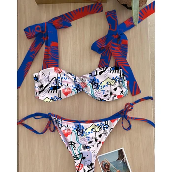 Talie inalta, Costume de baie Femei costume de Baie 2021 Bikini Bandaj Set de Bikini Captusit Costum de Baie Nou Frunze de Imprimare Biquini Maillot de bain
