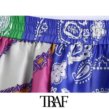 TRAF Femei de Moda Chic Mozaic Imprimate pantaloni Scurți Epocă de Mare Talie Elastic Cu Cordon de sex Feminin Pantaloni scurti Mujer