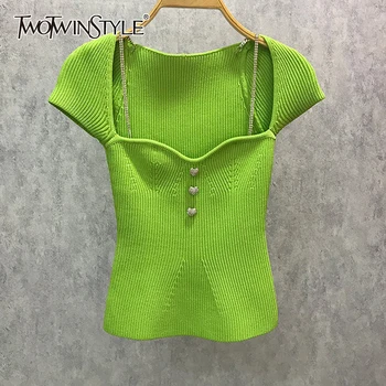 TWOTWINSTYLE Verde Slim Shirt Pentru Femei Piața de Guler Maneca Scurta Mozaic Diamant Lanț Casual, Bluze de Vara pentru Femeie de Moda