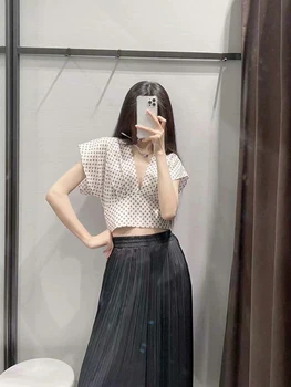 Uscat Ins Blogger De Moda Vintage Cu Buline Bluza De Vara Femei Blusas Mujer De Moda 2020 Scurtă Tricou Femei Bluza Si Topuri