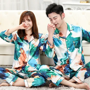 Vara Doi Bărbați Femei Tie Dye Tipărite Pata Rever Maneca Lunga Pantaloni De Pijamale Iubitorii De Sex Feminin Pijamale Pijamale Homewear