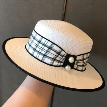 Vara Femei pe Plaja Pălărie de sex Feminin Casual Pălărie Panama Lady pentru Femei Brand margine Plat Perla Carouri Paie capac fete Palarie de Soare